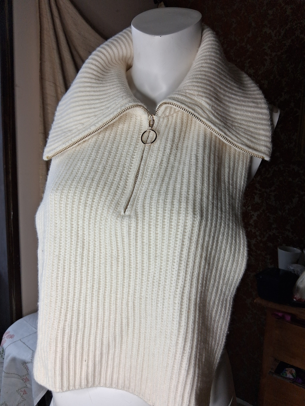 Sandro Paris Cream Sleeveless Ribbed Half-Zip Sweater Vest One Size